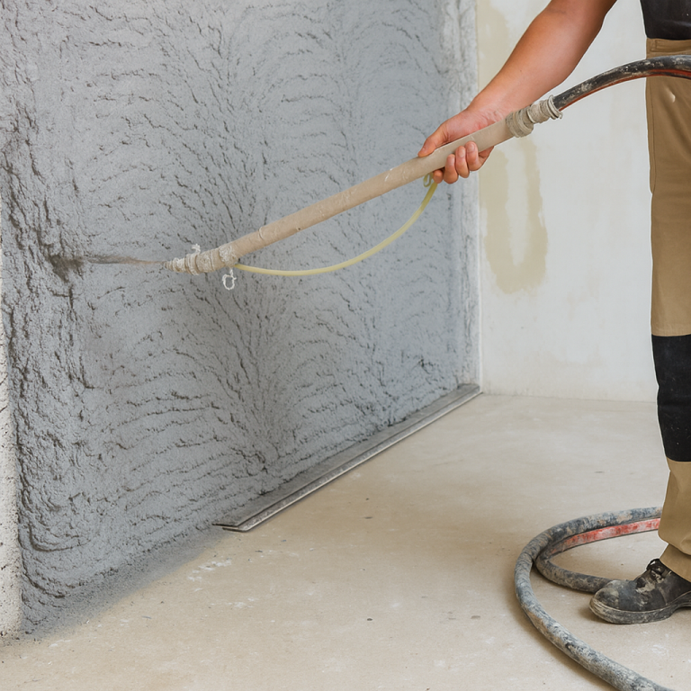Ein Handwerker sprüht grauen Putz auf eine Wand mit einer Putzmaschine.